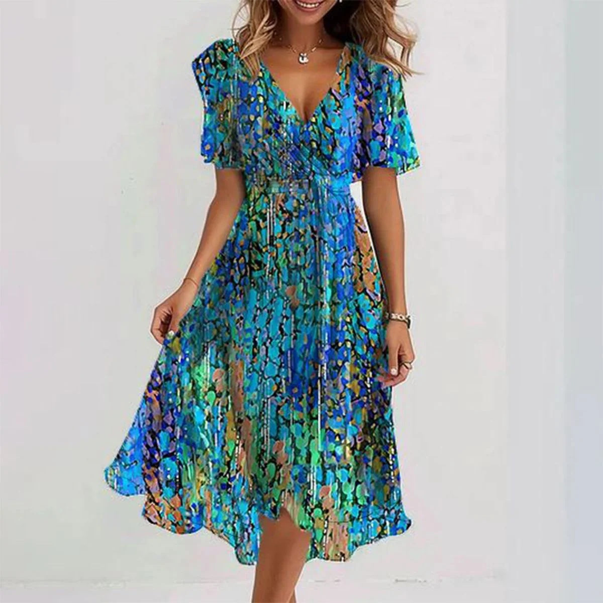 Robe Fluide Colorée | Imprimé Bleu Vibrant | Élégance d’Été