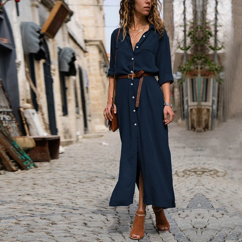Robe chemise longue ceinturée