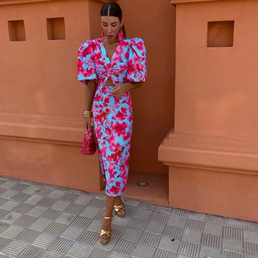 Robe Midi Imprimée | Manches Bouffantes | Élégante et Tendance