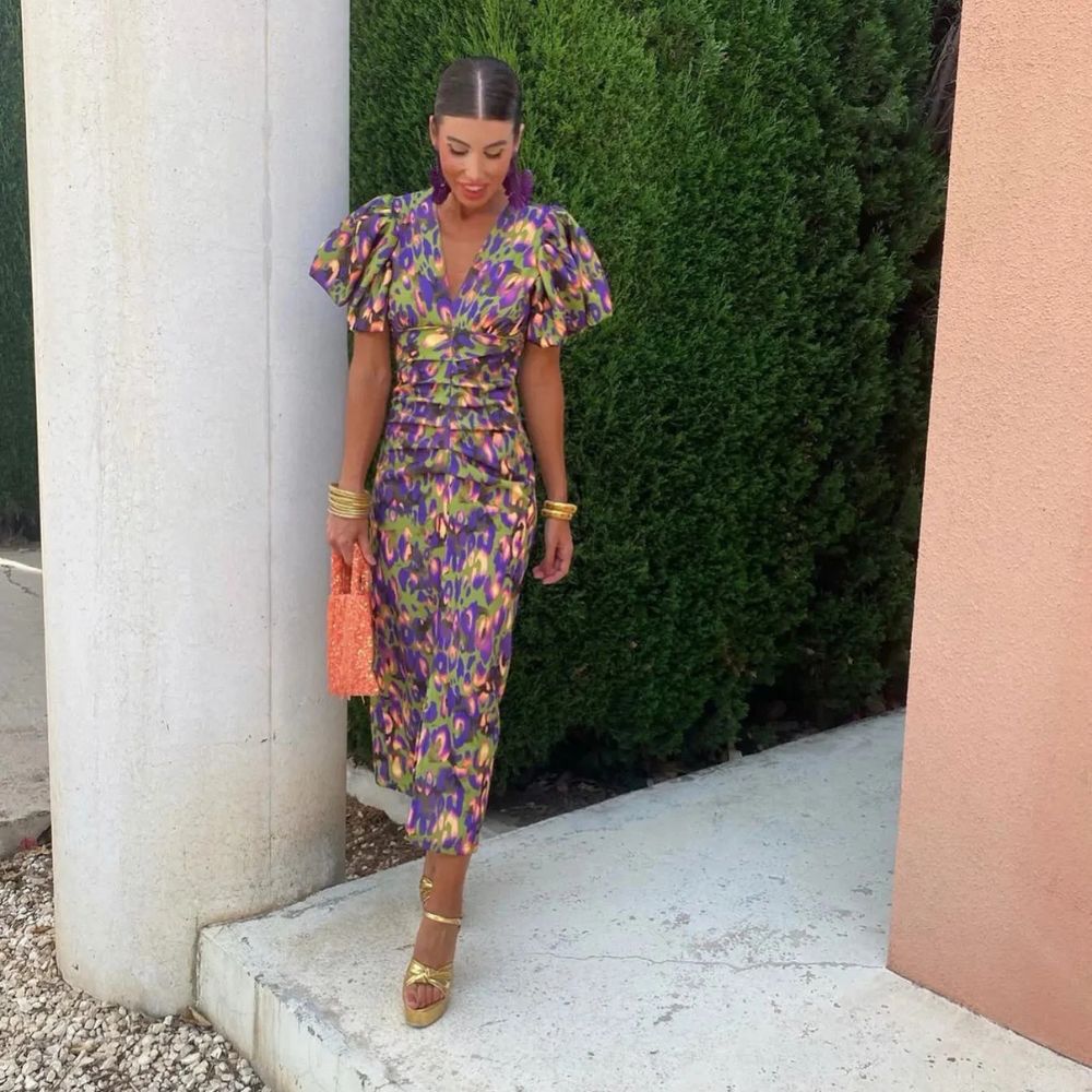 Robe Midi Imprimée | Manches Bouffantes | Élégante et Tendance