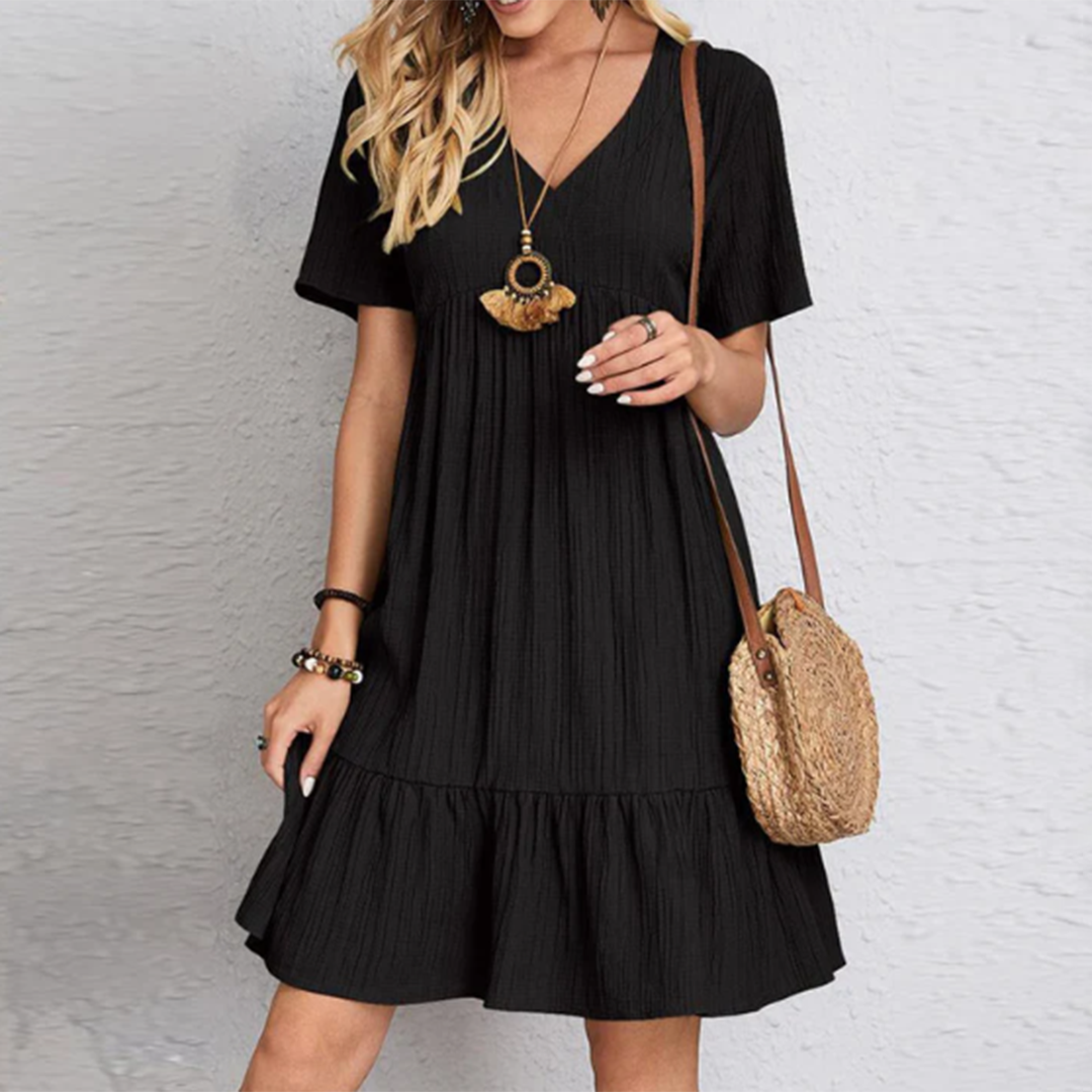 Robe courte évasée | Col V confortable | Simplicité chic en coton
