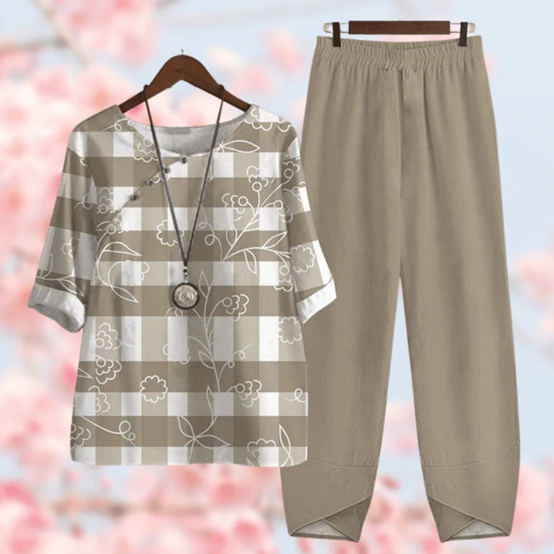 Ensemble coton lin | Haut fleuri & pantalon uni | Confort estival