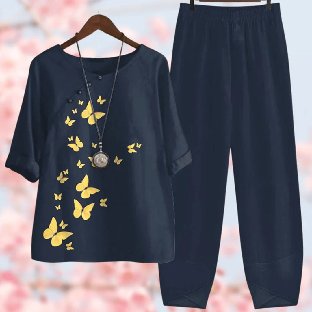 Ensemble coton lin | Haut fleuri & pantalon uni | Confort estival