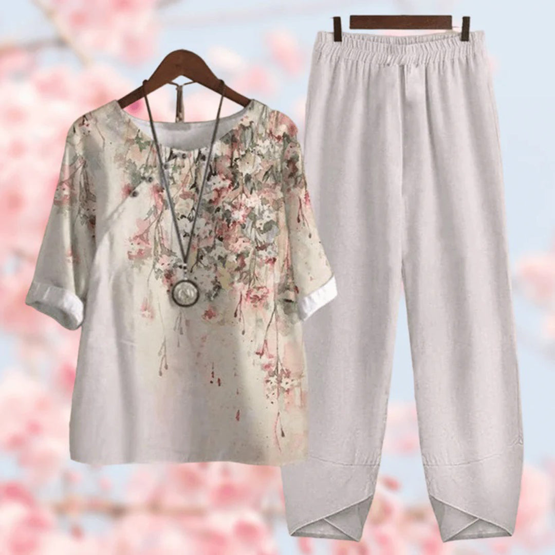 Ensemble coton lin | Haut fleuri & pantalon uni | Confort estival