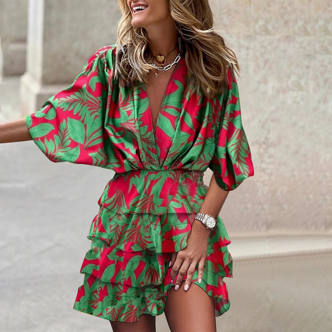 Robe courte tropicale | Décolleté croisé | Chic & fluidité estivale