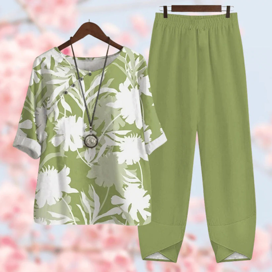 Ensemble coton lin | Haut fleuri & pantalon uni | Confort estival