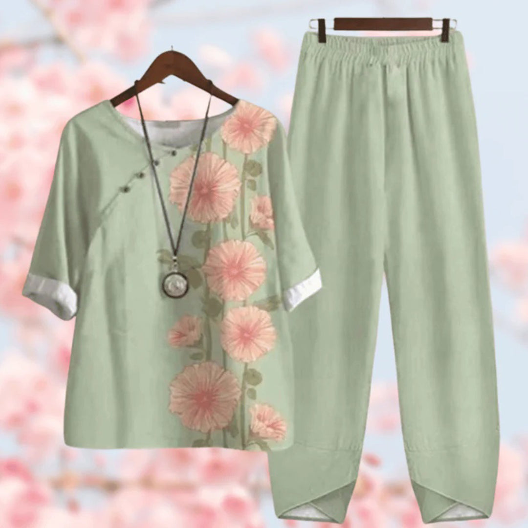 Ensemble coton lin | Haut fleuri & pantalon uni | Confort estival