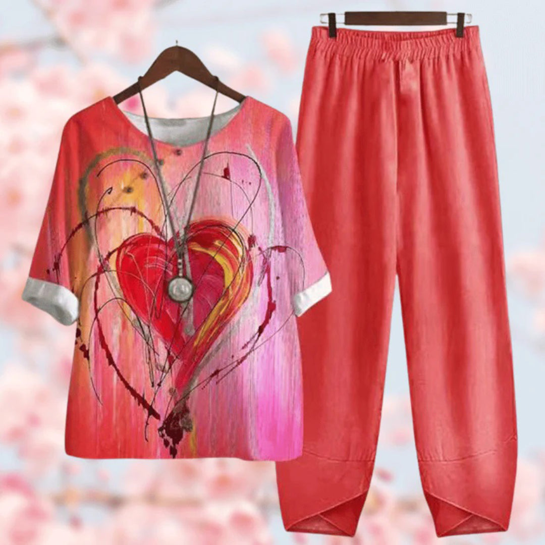 Ensemble coton lin | Haut fleuri & pantalon uni | Confort estival