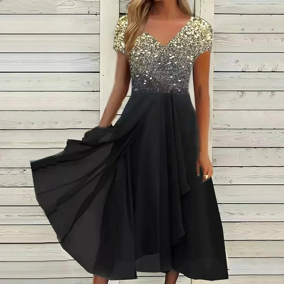 Robe mi-longue à imprimé floral et jupe fluide