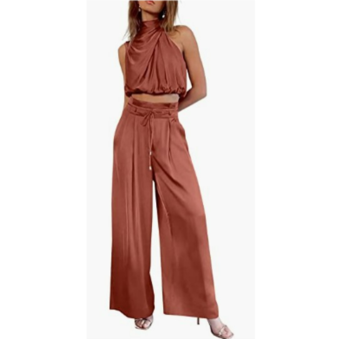 Ensemble satin deux pièces | Élégance fluide | Top drapé & pantalon large