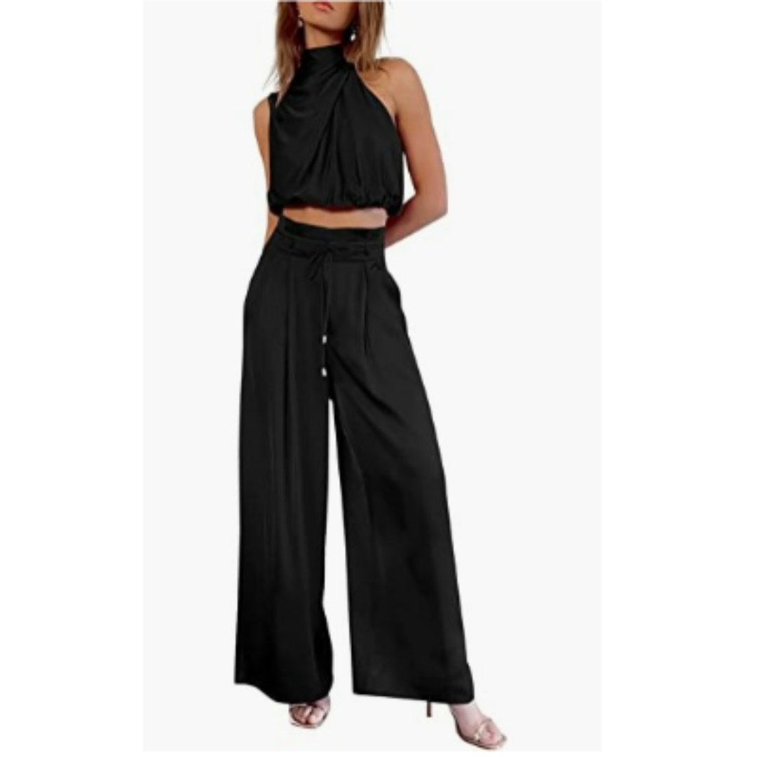 Ensemble satin deux pièces | Élégance fluide | Top drapé & pantalon large