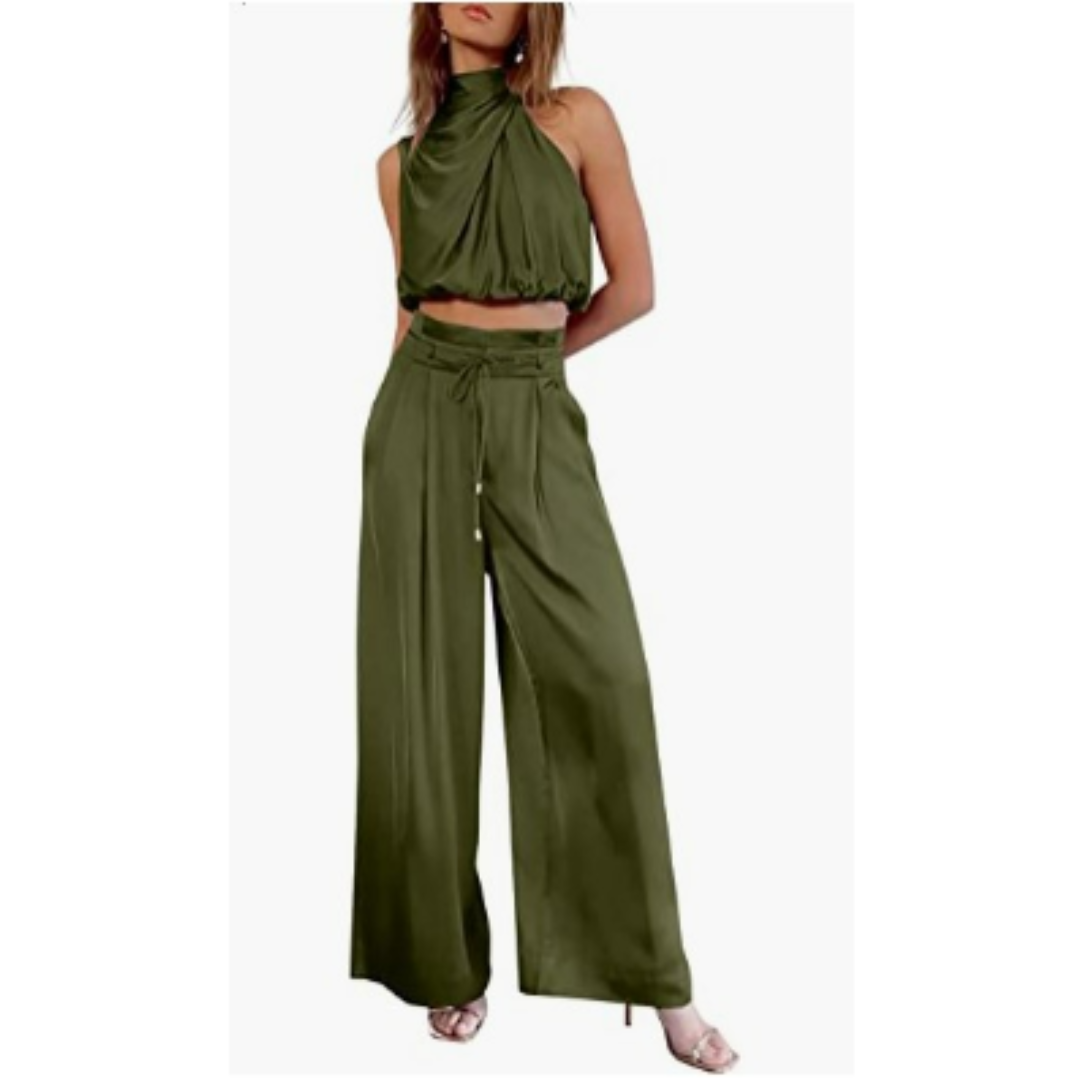 Ensemble satin deux pièces | Élégance fluide | Top drapé & pantalon large