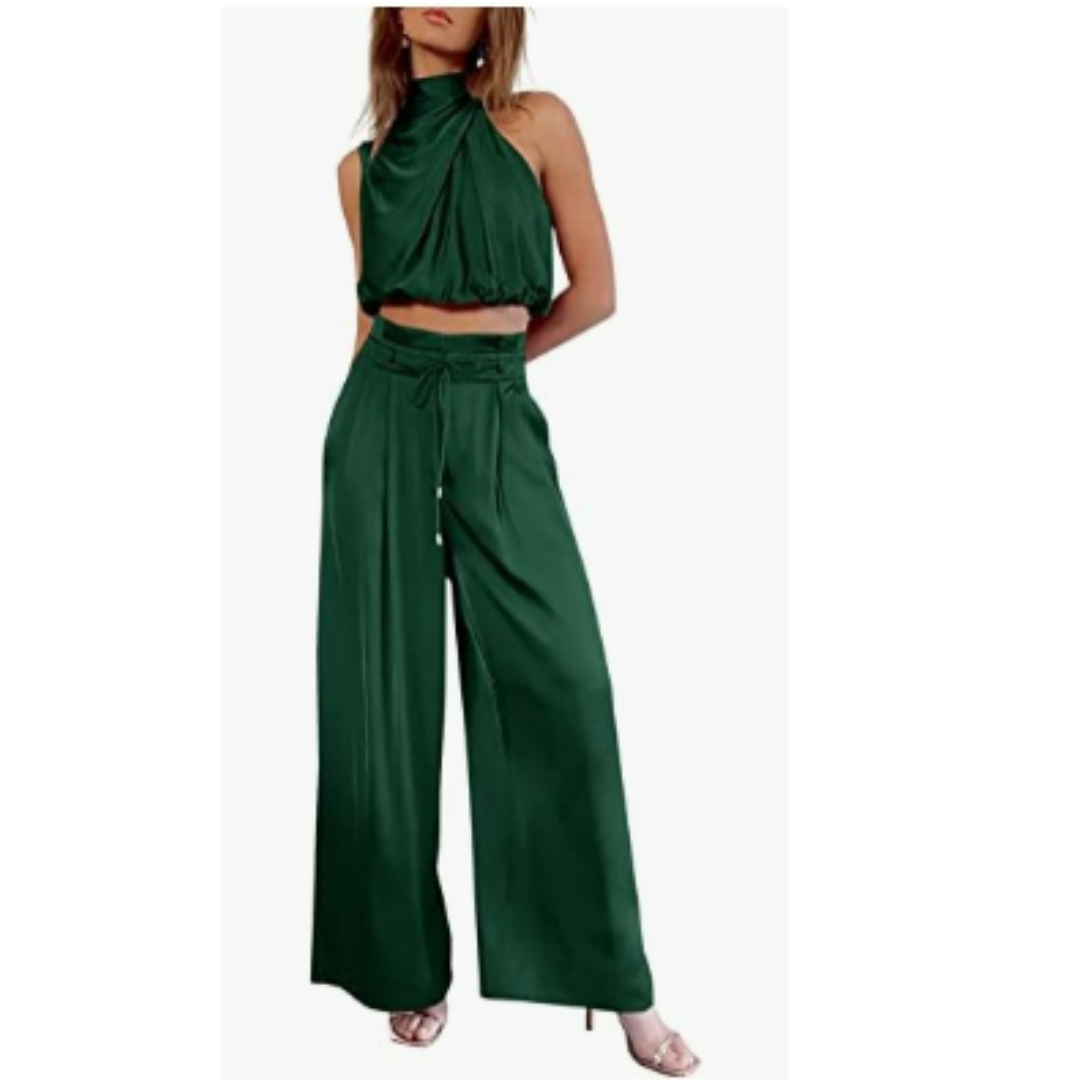 Ensemble satin deux pièces | Élégance fluide | Top drapé & pantalon large