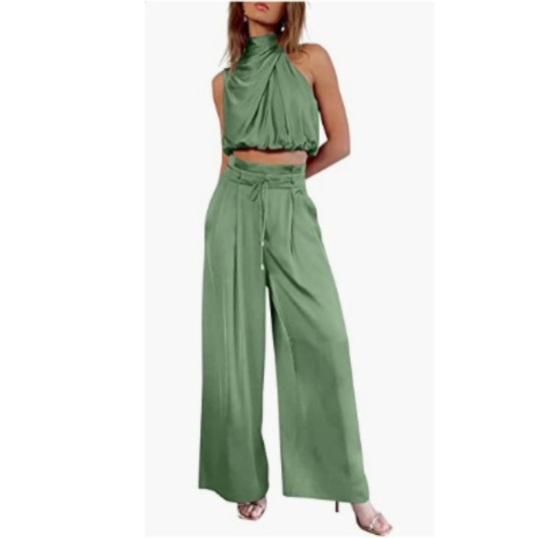 Ensemble satin deux pièces | Élégance fluide | Top drapé & pantalon large