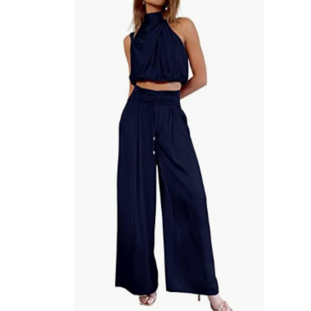 Ensemble satin deux pièces | Élégance fluide | Top drapé & pantalon large