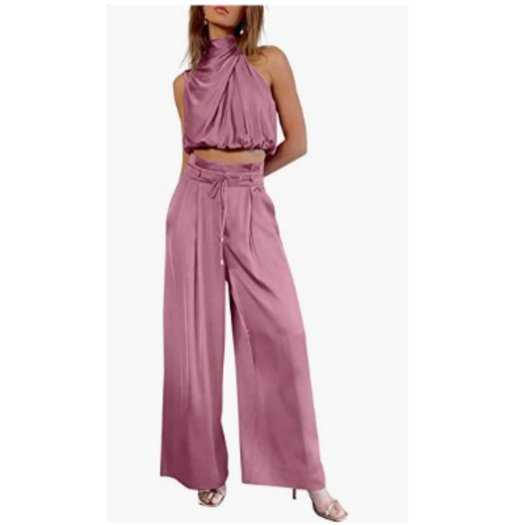 Ensemble satin deux pièces | Élégance fluide | Top drapé & pantalon large