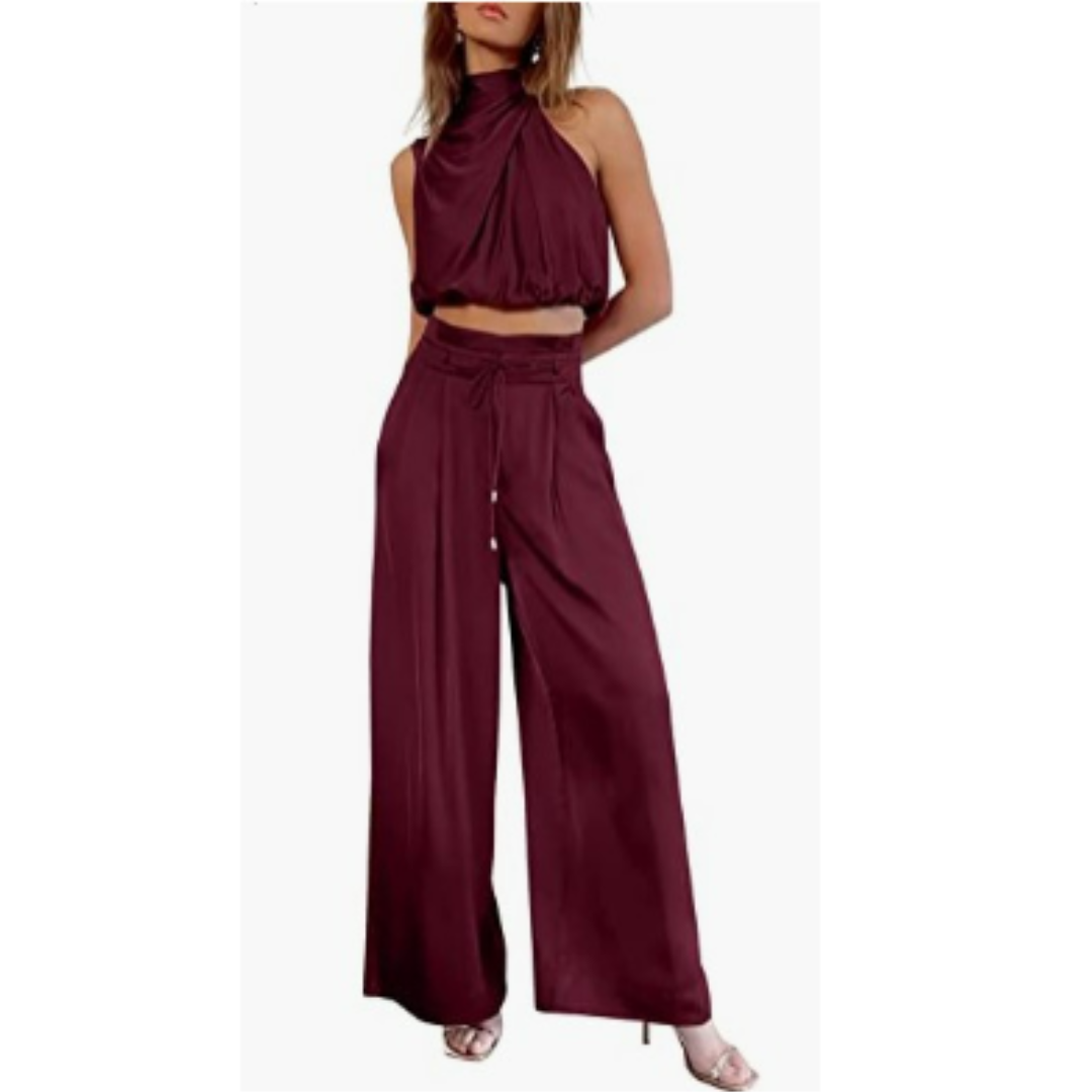 Ensemble satin deux pièces | Élégance fluide | Top drapé & pantalon large