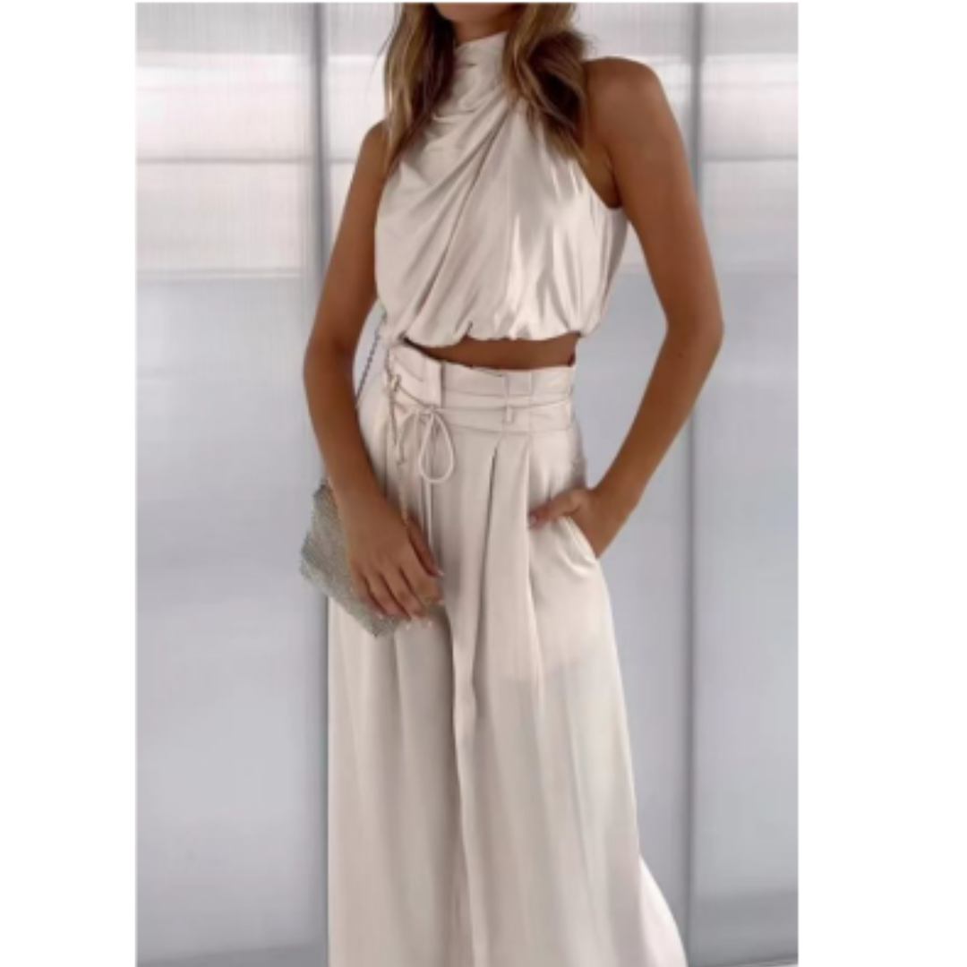 Ensemble satin deux pièces | Élégance fluide | Top drapé & pantalon large