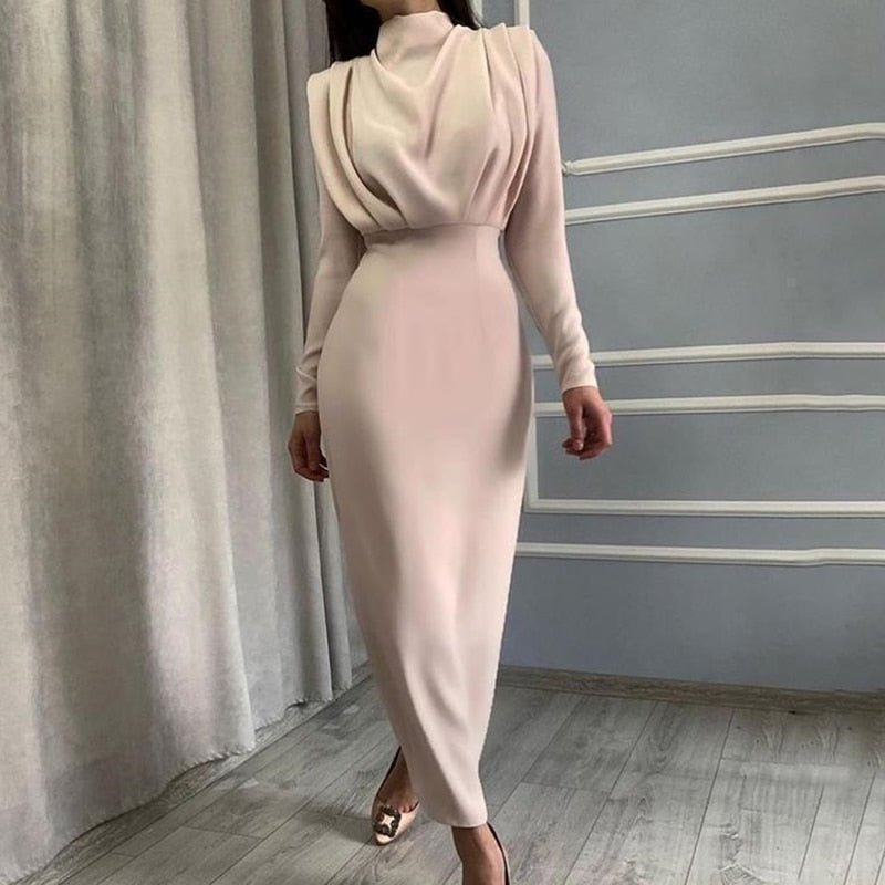 Robe Midi Drapée à Col Montant
