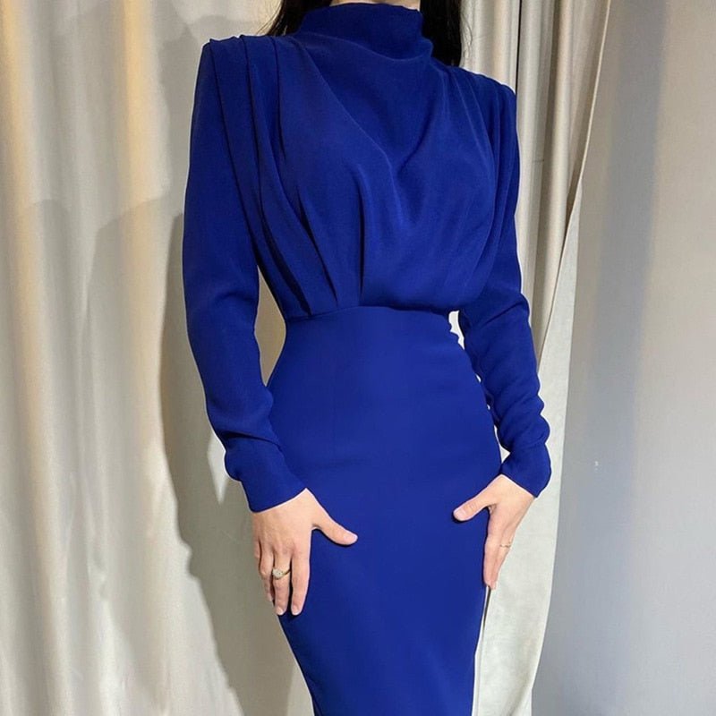 Robe Midi Drapée à Col Montant