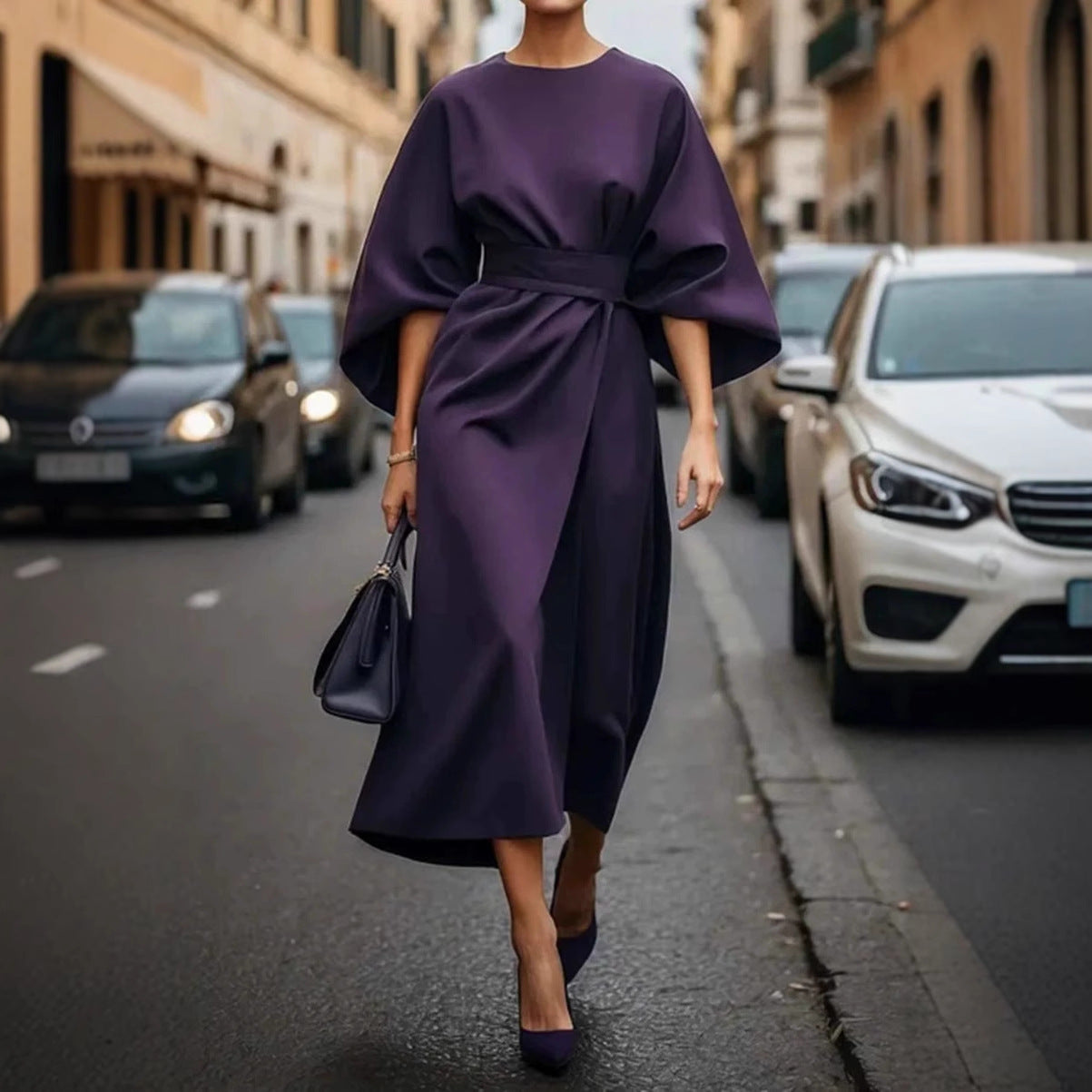Robe mi-longue ceinturée chic