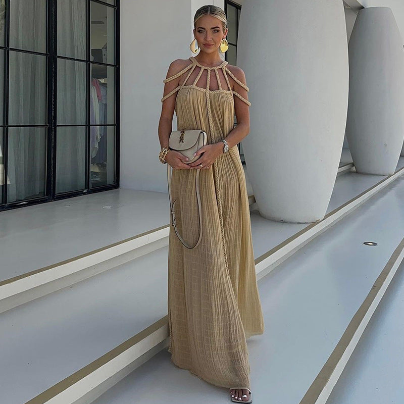 Robe Longue Plissée à Bretelles Multiples