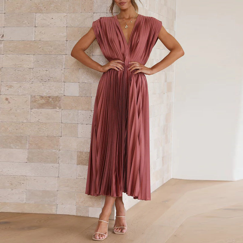 Robe plissée élégante | Décolleté en V | Fluidité & raffinement