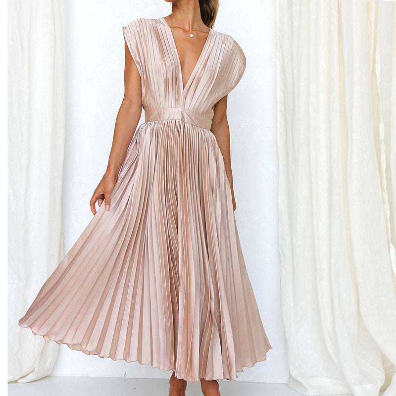 Robe plissée élégante | Décolleté en V | Fluidité & raffinement