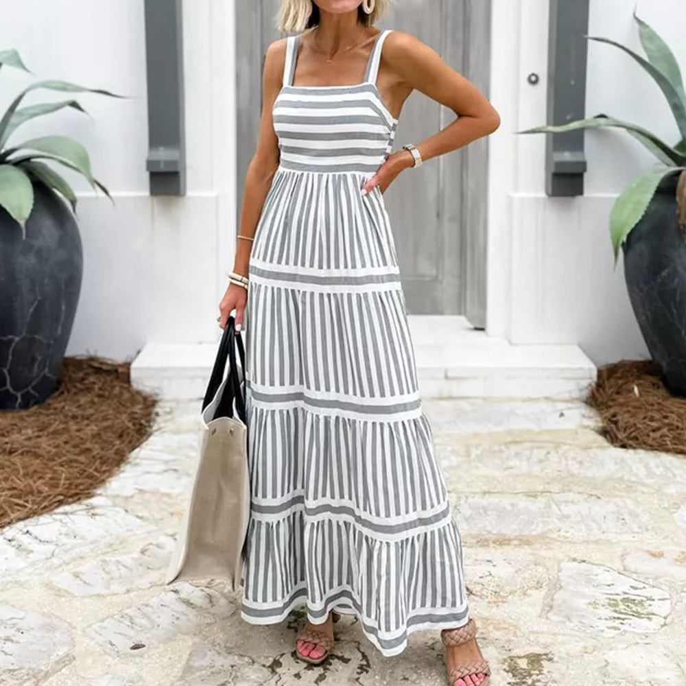 Robe longue à volants et rayures