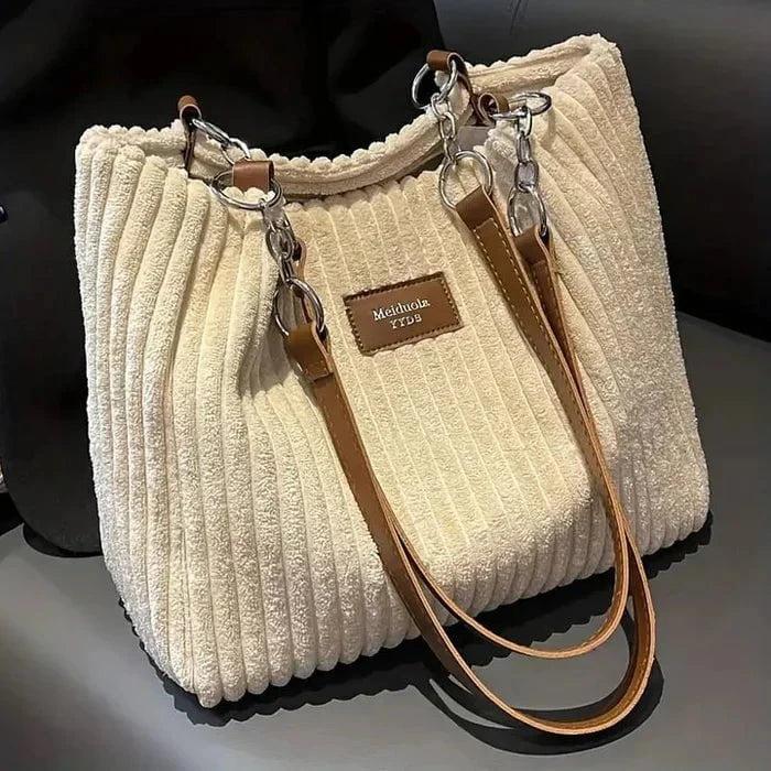 Lavinque Bags Beige Sac à Main en Velours Côtelé | Élégance & Texture | Chic et Spacieux