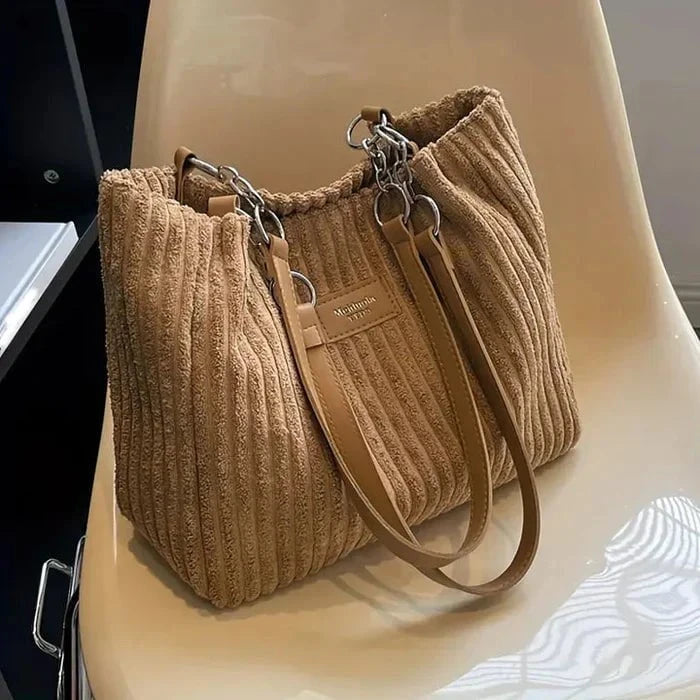 Lavinque Bags Marron Sac à Main en Velours Côtelé | Élégance & Texture | Chic et Spacieux