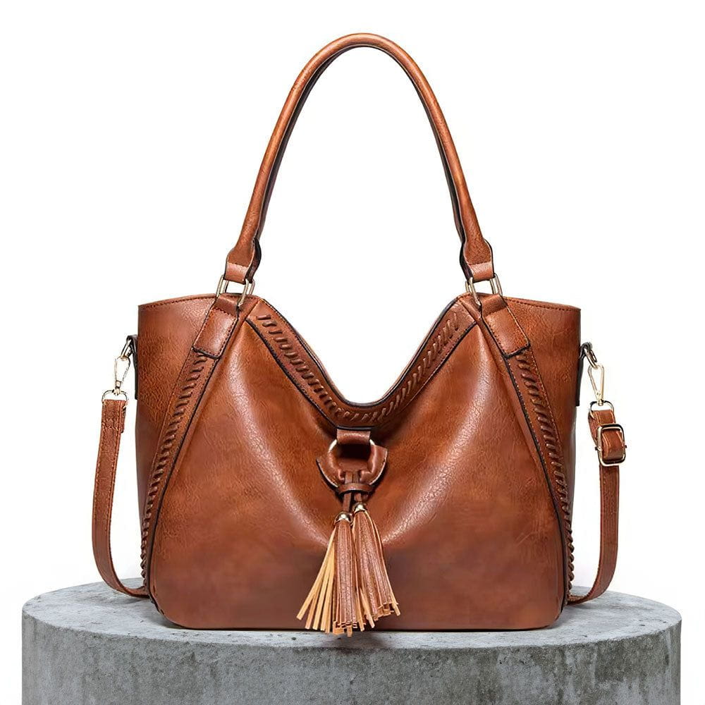 Lavinque Bags Marron Sac Seau Élégant à Pompons | Marron Vintage | Boho Chic & Pratique au Quotidien
