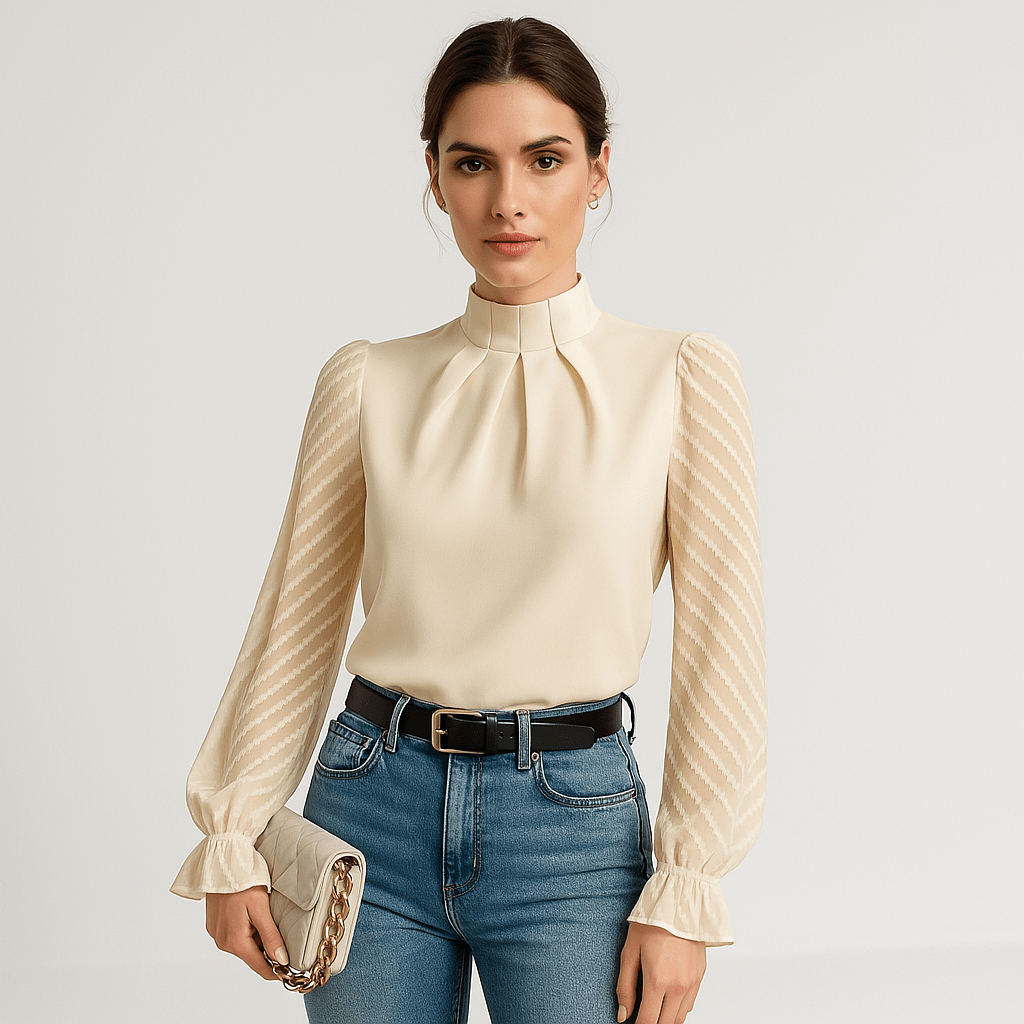 Lavinque Blouse Beige / S Blouse Élégante à Manches Transparente | Col Montant | Style Chic et Moderne