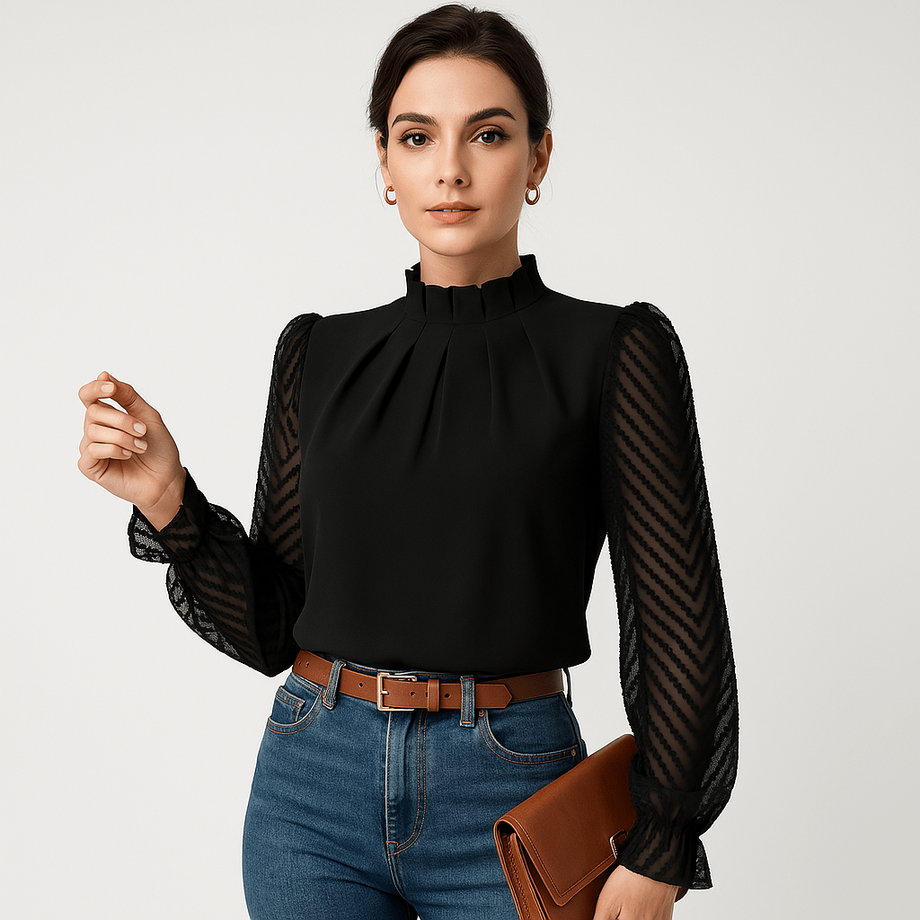 Lavinque Blouse Bleu Foncé / S Blouse Élégante à Manches Transparente | Col Montant | Style Chic et Moderne