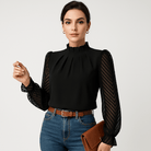 Lavinque Blouse Bleu Foncé / S Blouse Élégante à Manches Transparente | Col Montant | Style Chic et Moderne