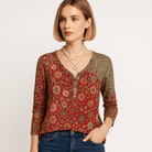 Lavinque Blouse Blouse Bohème à Motifs | Rouge et Kaki | Confort et Style Ethnique