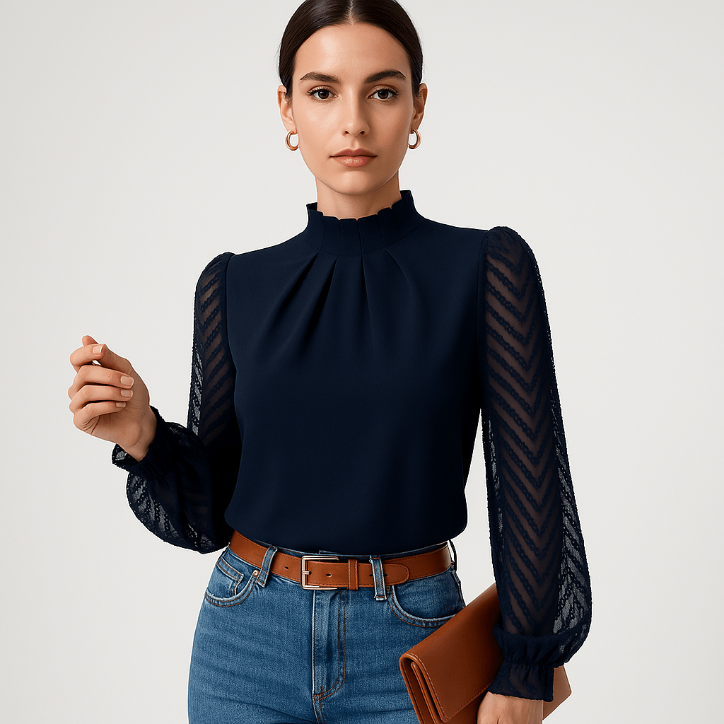 Lavinque Blouse Noir / S Blouse Élégante à Manches Transparente | Col Montant | Style Chic et Moderne