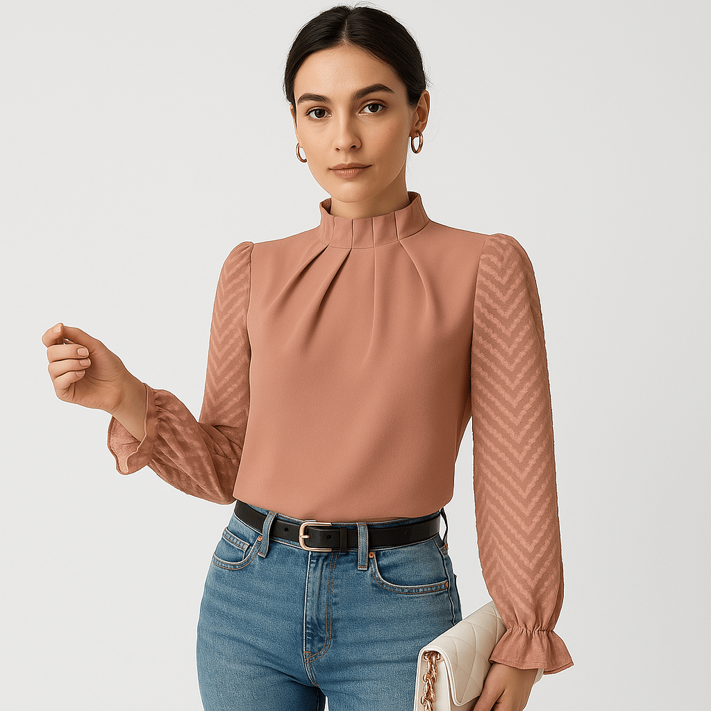Lavinque Blouse Rose / S Blouse Élégante à Manches Transparente | Col Montant | Style Chic et Moderne