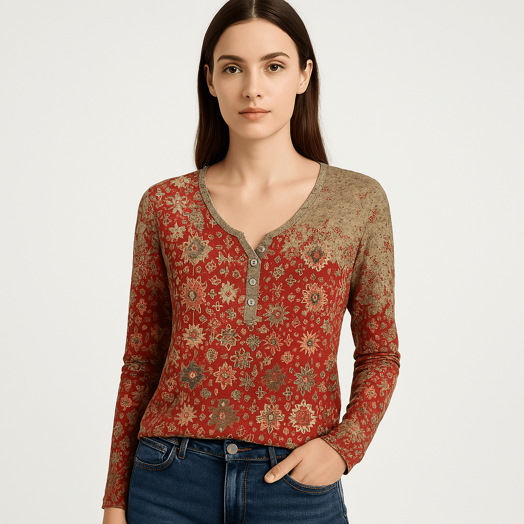 Lavinque Blouse Rouge / S Blouse Bohème à Motifs | Rouge et Kaki | Confort et Style Ethnique