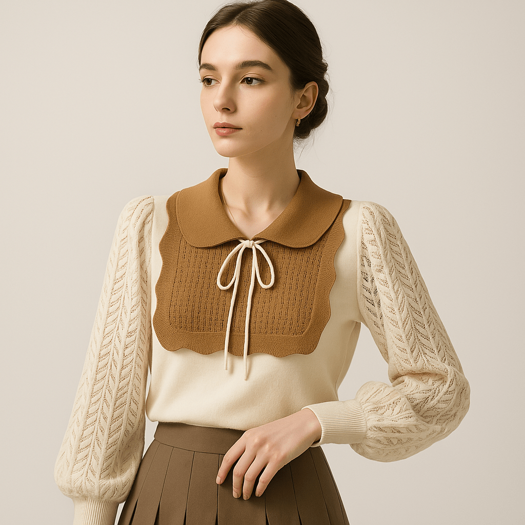 Lavinque Blouses Abricot / XS Blouse Élégante Dentelle | Col Claudine Contrasté | Manches Texturées