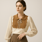 Lavinque Blouses Abricot / XS Blouse Élégante Dentelle | Col Claudine Contrasté | Manches Texturées