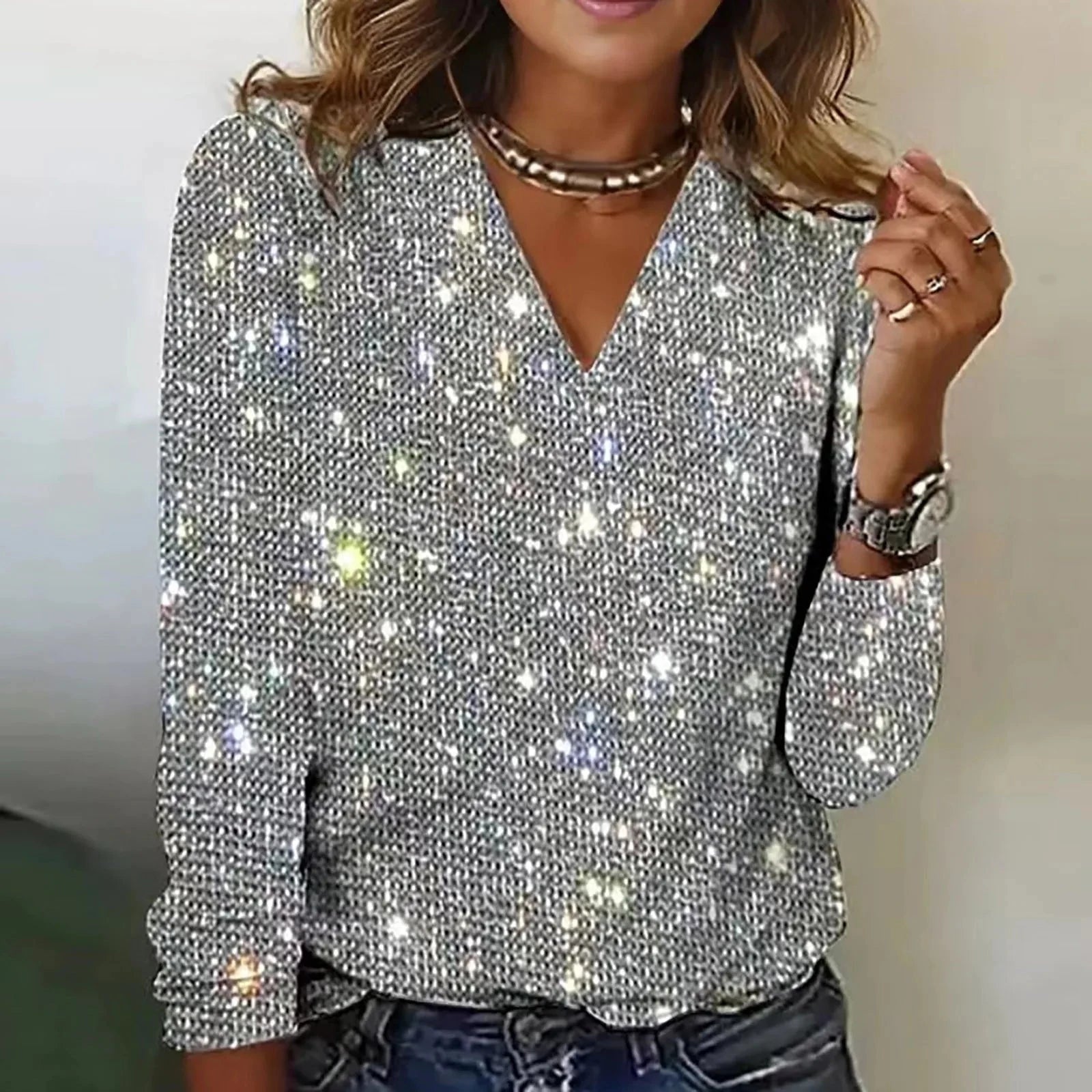 Lavinque Blouses Argent / XXS Haut Brillant à Paillettes | Col V Élégant | Look Festif et Chic