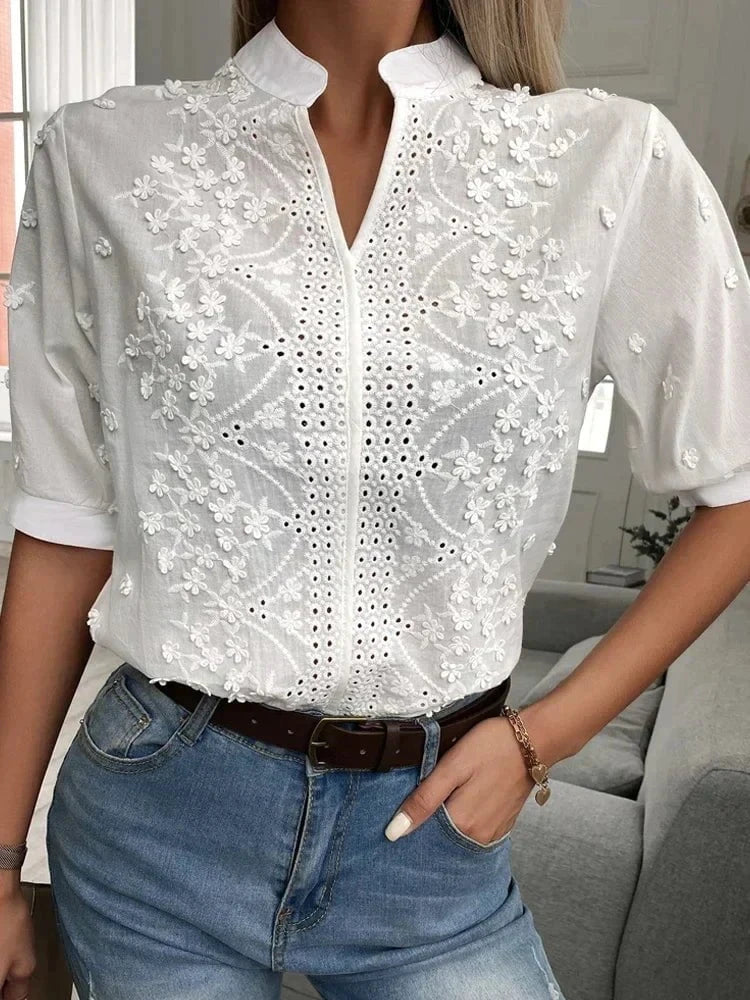 Lavinque Blouses Blanc / S Blouse Élégante en Dentelle | Chic & Féminin | Col Mandarin
