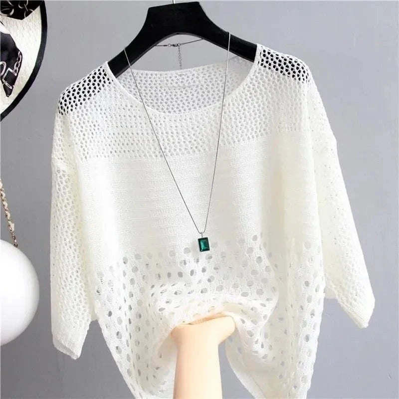 Lavinque Blouses Blanc / Taille unique Pull Femme | Maille Ajourée | Léger et Élégant