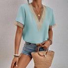 Lavinque Blouses Bleu Clair / S Blouse Blanche Col V Orné | Élégante | Légère et Stylée