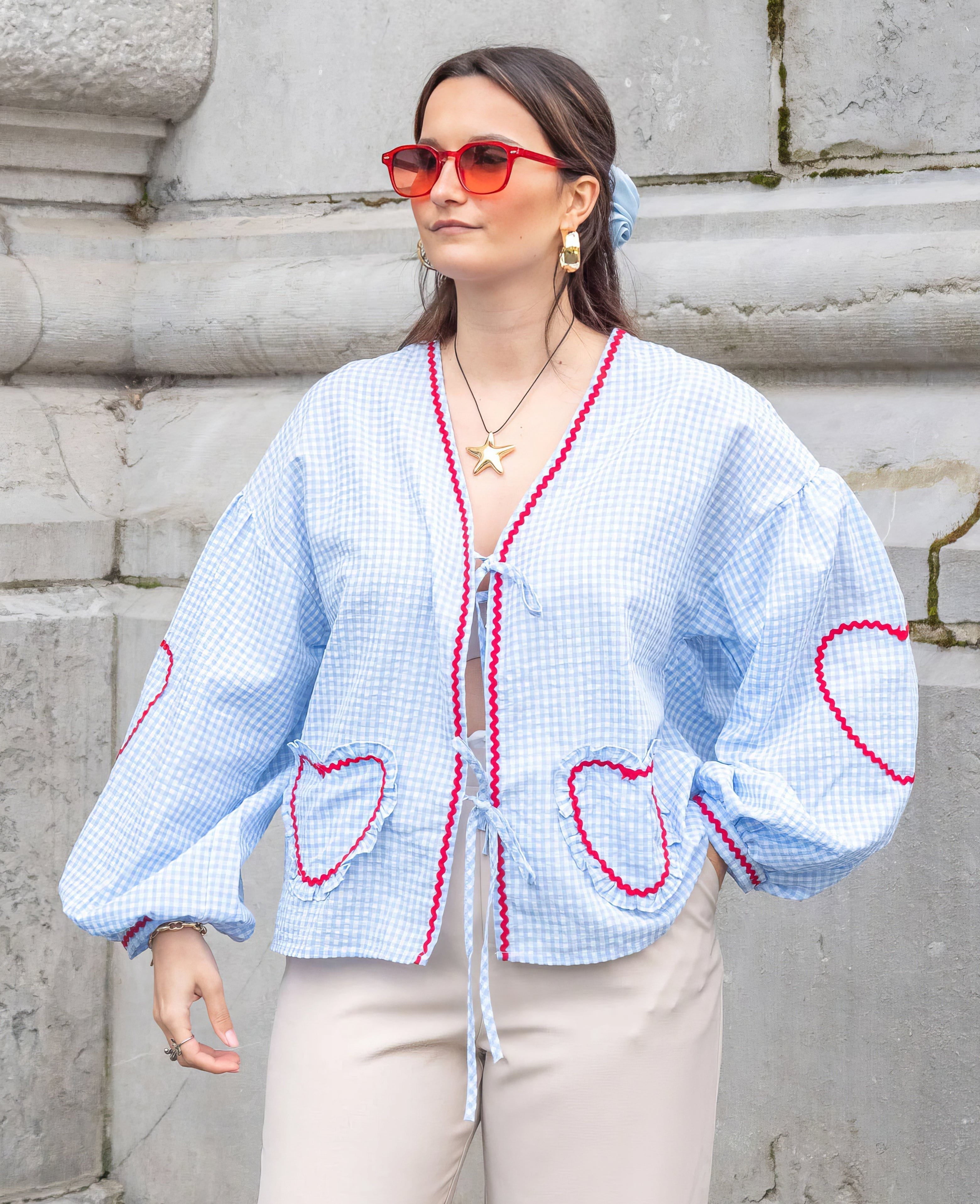 Lavinque Blouses Bleu / S Blouse Bohème à Carreaux | Romantique | Fluide et Féminine