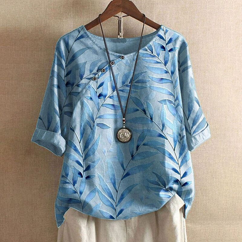 Lavinque Blouses Bleu / S Blouse Bohème à Motif Feuillage | Élégance Décontractée | Fluide & Confortable