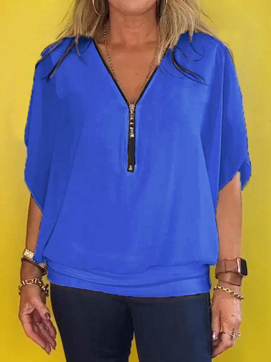 Lavinque Blouses Bleu / S Blouse zippée fluide | Bleu royal | Élégante et confortable