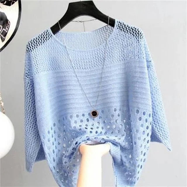 Lavinque Blouses Bleu / Taille unique Pull Femme | Maille Ajourée | Léger et Élégant