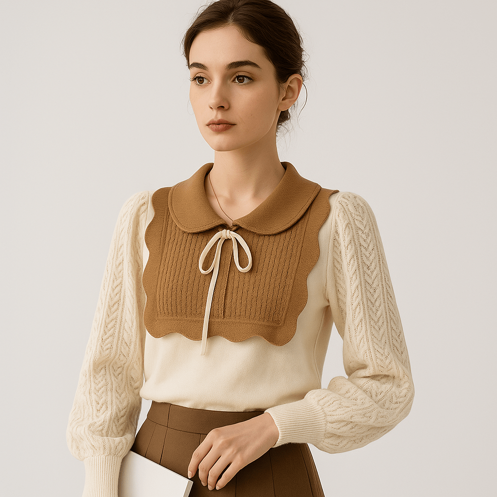 Lavinque Blouses Blouse Élégante Dentelle | Col Claudine Contrasté | Manches Texturées